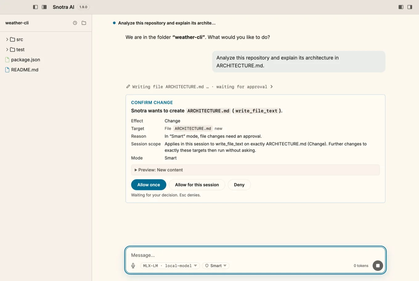 Snotra AI with the folder weather-cli open. The agent wants to create ARCHITECTURE.md; an approval card offers Allow once, Allow for this session and Deny.