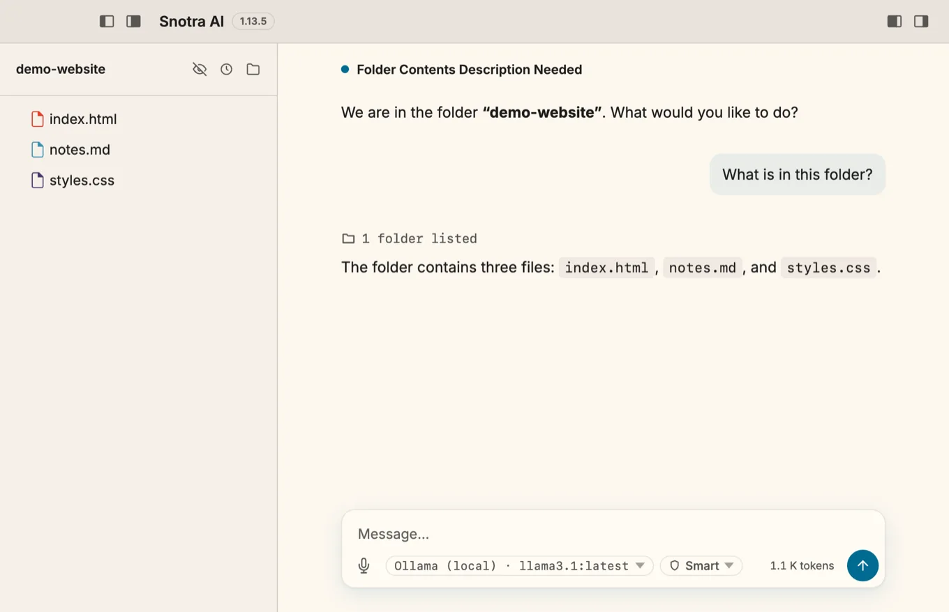 Snotra with the folder “demo-website” open: on the left the files index.html, notes.md and styles.css. In the chat the question “What is in this folder?”, below it a tool card “1 folder listed” and the answer “The folder contains three files: index.html, notes.md, and styles.css.” The model pill reads “Ollama (local) · llama3.1:latest”.