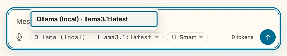 The message field with the model pill “Ollama (local) · llama3.1:latest” opened: a menu above it lists the entry “Ollama (local) · llama3.1:latest”. Next to the pill the mode “Smart”, on the right “0 tokens” and the send button.