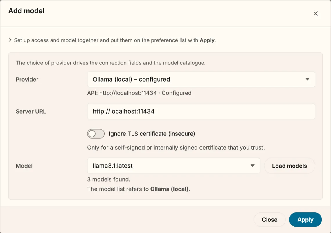 The dialog “Add model” with the provider “Ollama (local) – configured”. Server URL: http://localhost:11434. The switch “Ignore TLS certificate (insecure)” is off. Model: llama3.1:latest, with a button “Load models” and the note “3 models found.” Bottom right: Close and Apply.