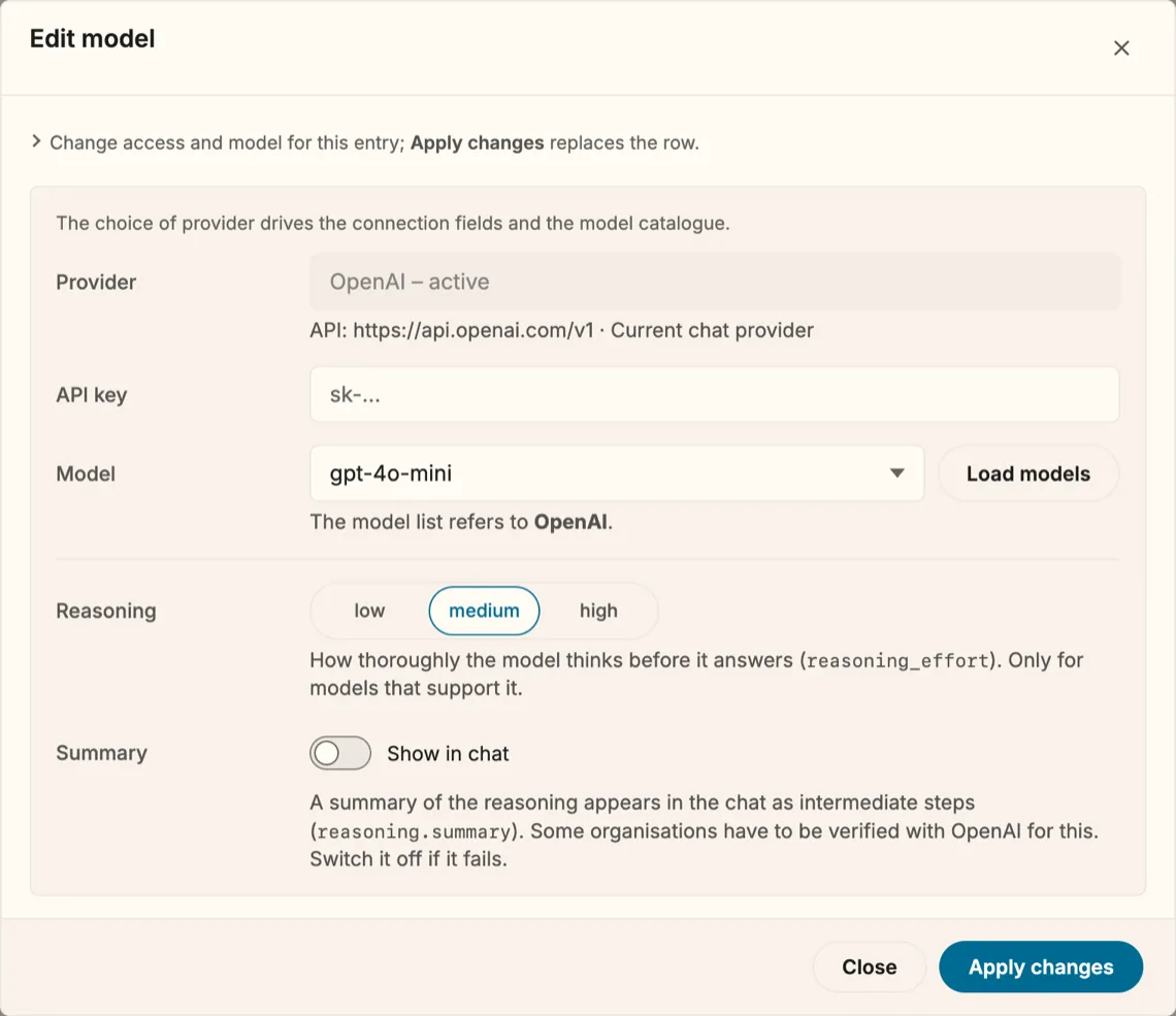 The dialog “Edit model” for the OpenAI entry. Provider: “OpenAI – active”. An empty field “API key” with the placeholder sk-…, below it the model “gpt-4o-mini” with a button “Load models”, a choice of reasoning low, medium or high, and a switch “Show in chat” for the reasoning summary. Bottom right: Close and Apply changes.