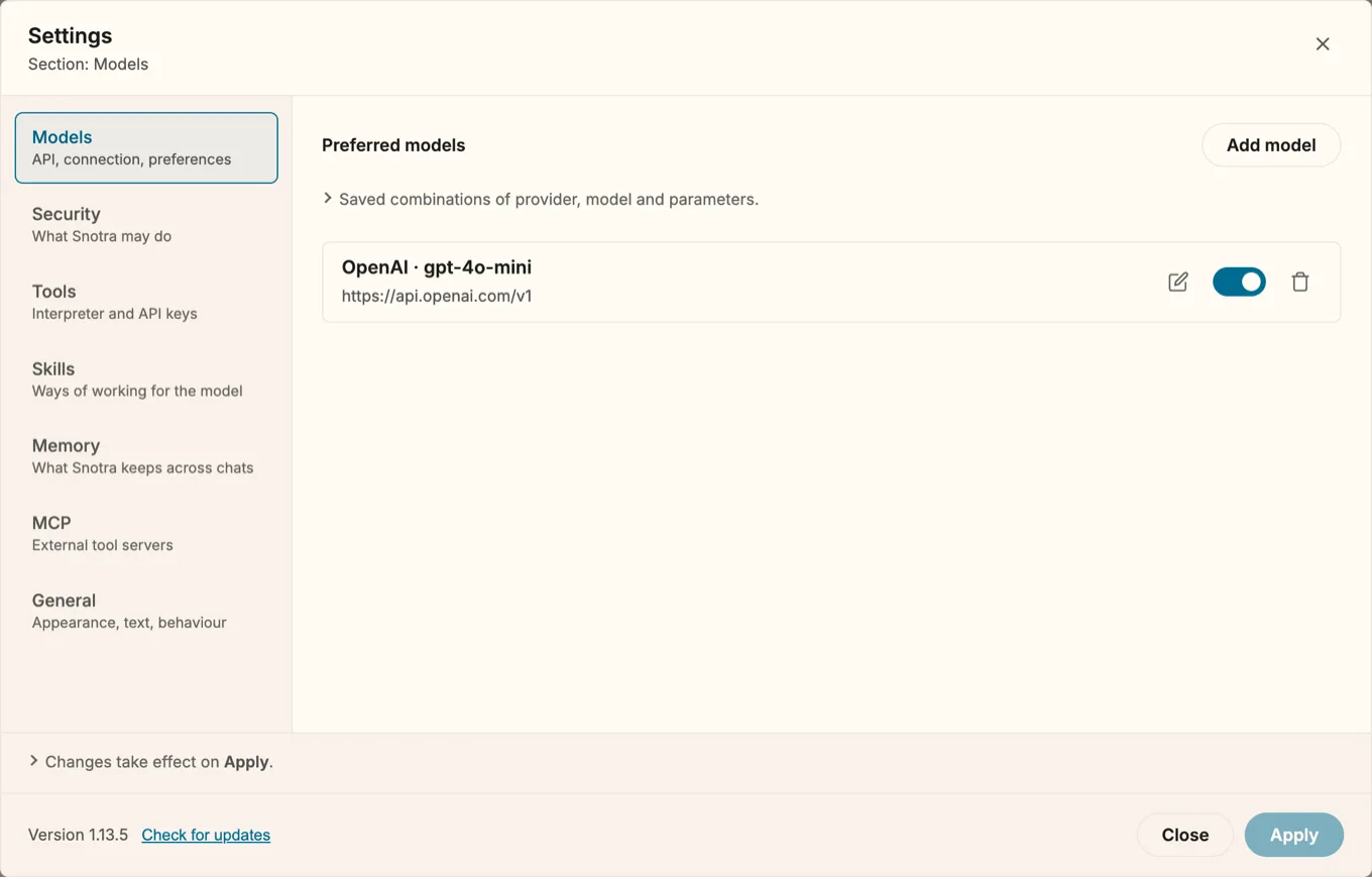 Settings, section Models, on a fresh install. The list “Preferred models” holds one entry, “OpenAI · gpt-4o-mini” with the address https://api.openai.com/v1, switched on. Top right a button “Add model”, bottom right the buttons Close and Apply.