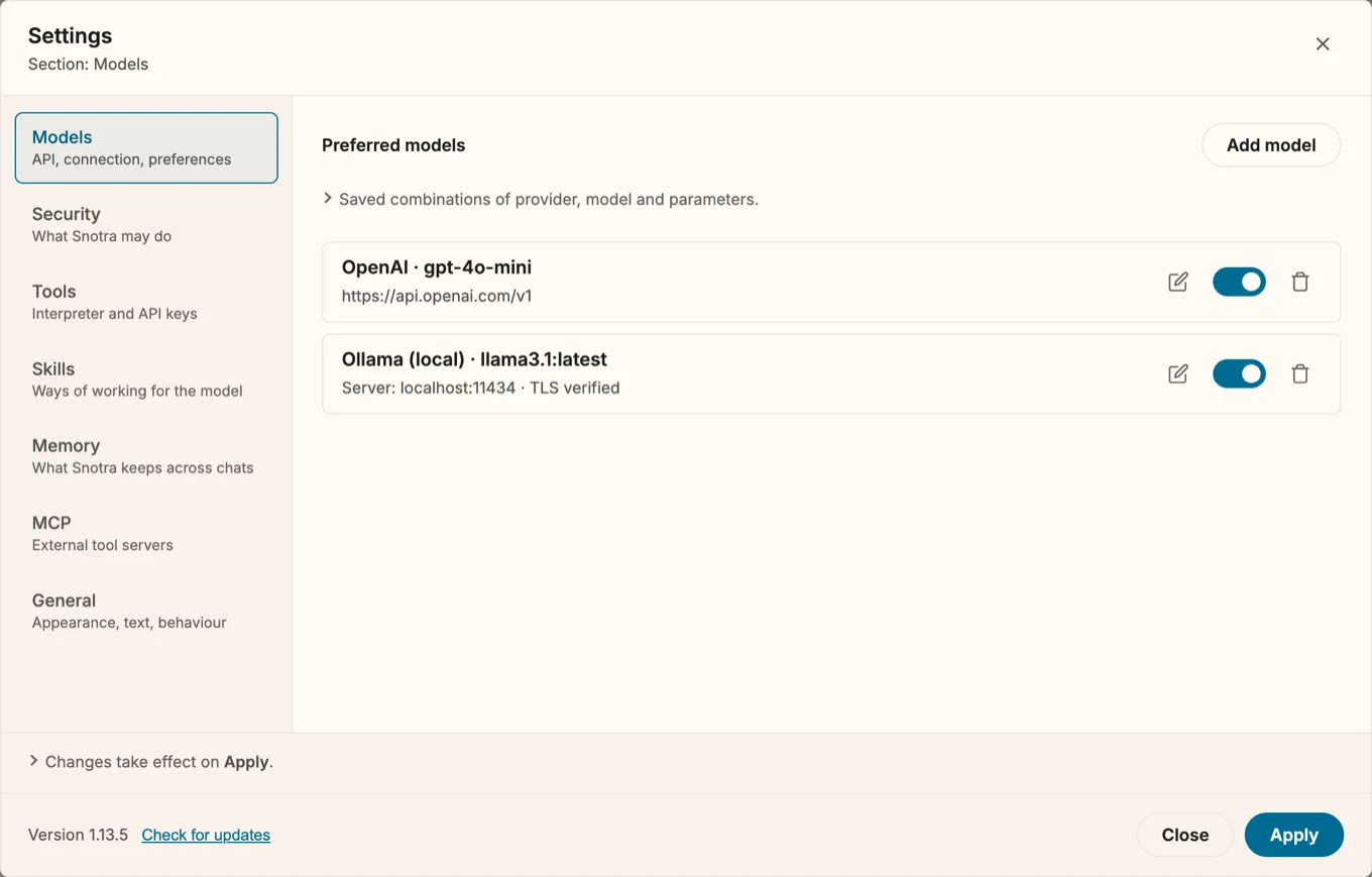 Settings › Models with two entries, both switched on: “OpenAI · gpt-4o-mini” with https://api.openai.com/v1, and “Ollama (local) · llama3.1:latest” with “Server: localhost:11434 · TLS verified”. Each row has a pencil, a switch and a trash icon.