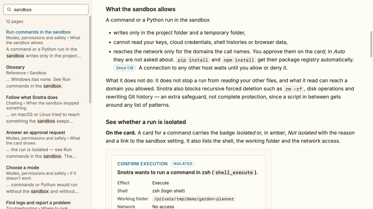 The help window of Snotra Agent. Left, the search field with the word sandbox and a list of twelve pages, each with its chapter and an excerpt. Right, the page Run commands in the sandbox, opened at the section What the sandbox allows.