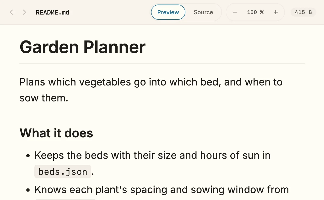 The Markdown preview of README.md at 150 percent: in the header the arrows for back and forward, the Preview and Source switch, the zoom group with minus, 150 % and plus, and the file size. Below, the heading Garden Planner and the first list items in large type.