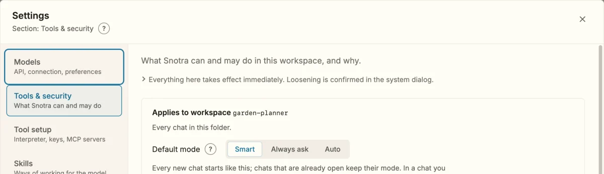 The top of the settings dialog on Tools and security. In the header the title Settings and, after Section: Tools and security, a round question mark. Further down, a round question mark next to the label Default mode, which has the choices Smart, Always ask and Auto.