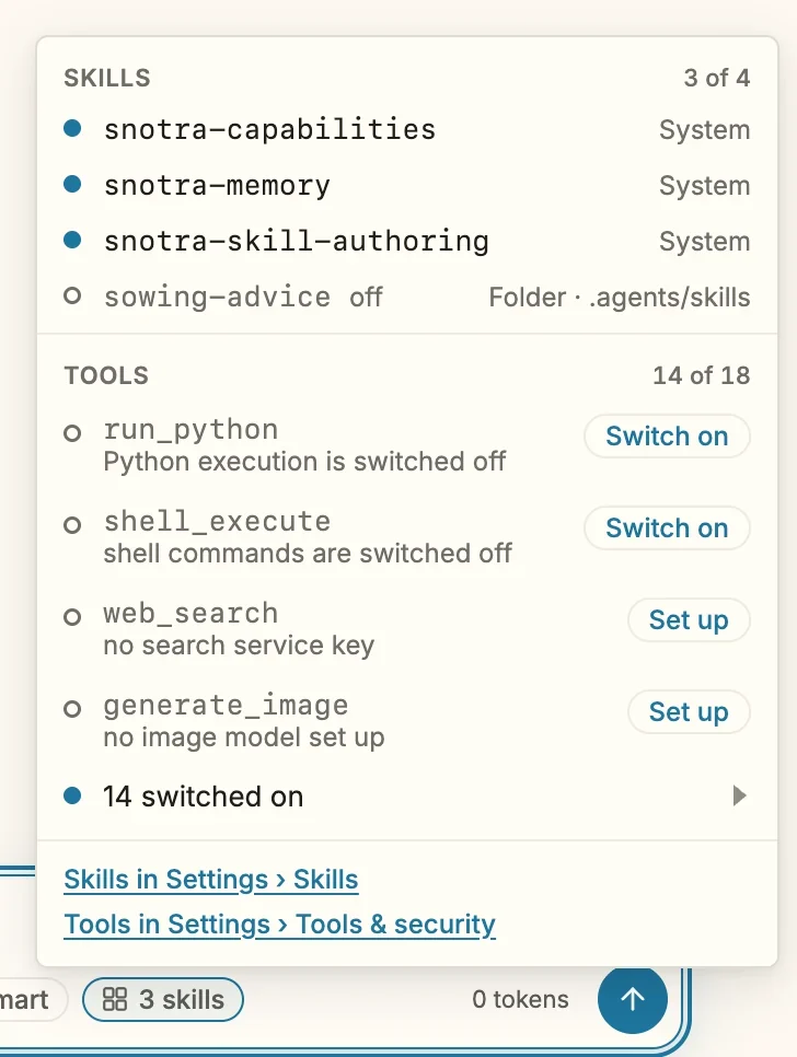 The popup of the pill 3 skills. Under Skills, three system skills switched on and sowing-advice from the folder switched off. Under Tools, run_python and shell_execute switched off with a Switch on button each, web_search and generate_image with a Set up button, and 14 switched on. At the bottom, links to Settings, Skills and Settings, Tools and security.